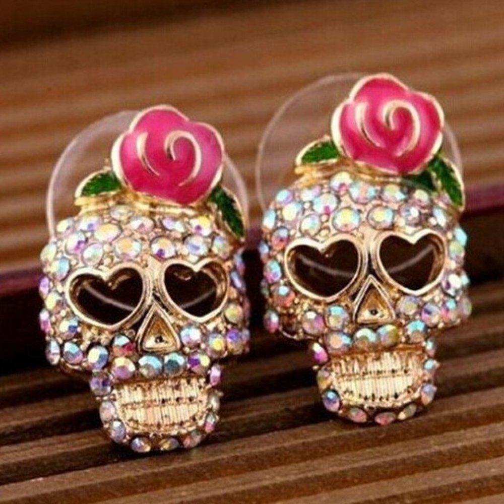 Sugar SKULL Rhinestone Halloween Goth Earrings